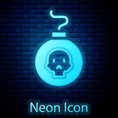 Poster - Glowing neon Bomb ready to explode icon isolated on brick wall background. Vector