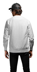 Wall Mural - Man wearing blank white sweatshirt and empty baseball cap standing over transparent background. Back view
