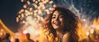 portrait Beautiful girl enjoying on music open air festival with group of millennials dancing with joy and excitement at a lively music festival on fireworks light background, Generative AI