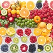 A vibrant and colorful top-down view of a variety of fresh fruits and vegetables arranged
