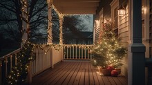 Front Porch With A Decorated Christmas Tree And A String Of Lights Wrapped Around The Railing 