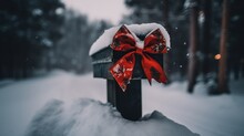 A Mailbox Covered In Snow With A Red Bow Tied Around It