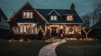 Wall Mural - a large house illuminated with Christmas lights, and decorated with garlands and a wreath on the front door