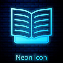 Poster - glowing neon open book icon isolated on brick wall background. vector