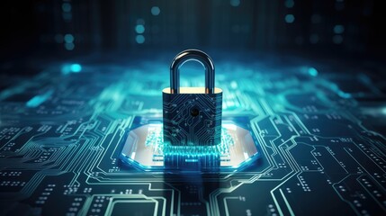 Cyber security concept with padlock on circuit board background