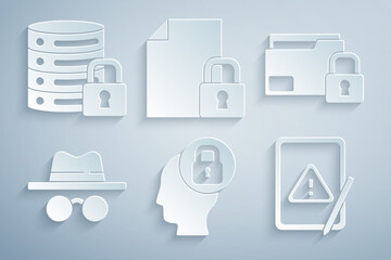 Poster - Set Human head with lock, Folder and, Incognito mode, Tablet exclamation mark, Document and Server security icon. Vector