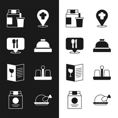 Sticker - Set Hotel service bell, Cafe and restaurant location, Online ordering delivery, Chef hat with, Restaurant cafe menu, Salt pepper, Roasted turkey chicken and icon. Vector