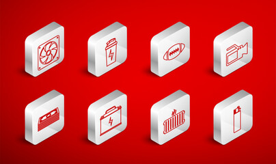 Sticker - Set line Lighter, Fitness shaker, American Football ball, Cinema camera, Heating radiator, Computer cooler, Car battery and Stacks paper money cash icon. Vector