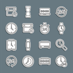 Poster - Set line Clock 24 hours, Magnifying glass with clock, Wrist watch, on laptop, Calendar date delete, check mark and Stopwatch icon. Vector