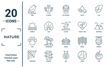 Nature Linear Icon Set. Includes Thin Line Bird, Sunrise, Paw, Spiderweb, Fire, Cactus, Beehive Icons For Report, Presentation, Diagram, Web Design