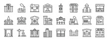 Set Of 24 Outline Web Buildings Icons Such As Shopping Mall, Factory, Villa, Warehouse, Clock Tower, Hostel, Farmhouse Vector Icons For Report, Presentation, Diagram, Web Design, Mobile App