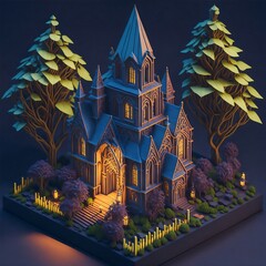 Mystical church in the forest. Fantasy 3D illustration model.
