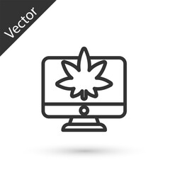 Sticker - Grey line Computer monitor and medical marijuana or cannabis leaf icon isolated on white background. Online buying. Supermarket basket. Vector Illustration