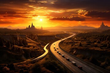 Wall Mural - transportation red asphalt journey rush street dusk perspective traffic trafin transport highway motion way evening car driving highway light tiedup speed road travel sunset crowded summer au sunset