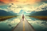 Fototapeta Fototapety z naturą - tour background country path backpack tourism trekking journey travel walking view hipster road summer adventure beautiful grass hiking landscape roc freedom sunset mountains walking sea nature road