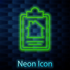 Sticker - Glowing neon line House contract icon isolated on brick wall background. Contract creation service, document formation, application form composition. Vector