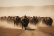 A herd of buffalos running at desert area. Generative AI.