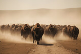 Fototapeta  - A herd of buffalos running at desert area. Generative AI.