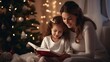 A mother and daughter reading a book in front of a christmas tree
