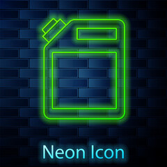 Wall Mural - Glowing neon line Canister for gasoline icon isolated on brick wall background. Diesel gas icon. Vector