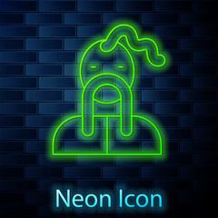 Poster - Glowing neon line Ukrainian cossack icon isolated on brick wall background. Vector