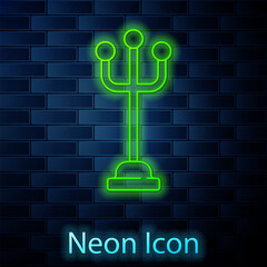 Poster - Glowing neon line Coat stand icon isolated on brick wall background. Vector