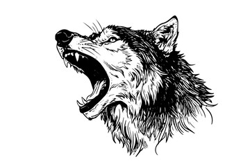 Wall Mural - Angry wolf head hand drawn ink sketch. Engraving vintage style vector illustration. Design for logotype, mascot, print.