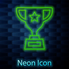 Wall Mural - Glowing neon line Award cup icon isolated on brick wall background. Winner trophy symbol. Championship or competition trophy. Sports achievement sign. Vector