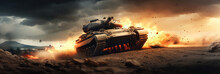 Armored Tank Crosses Destroyed War Zone Through Fire And Smoke In The Desert At War Zone.