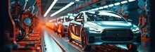 Futuristic Electric Cars Production Line, Automated Robotics, Industry Manufacture Concept.