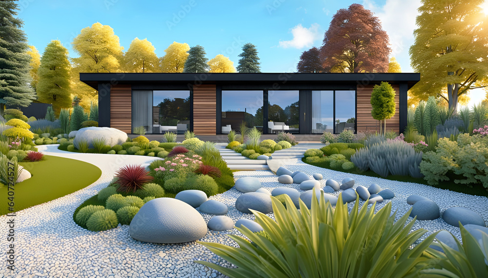 Aménagement d'un jardin minéral devant la maison moderne, avec bordure