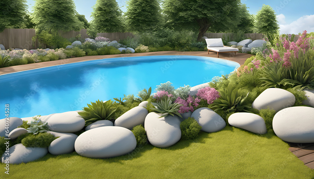 Ilustración de Stock Aménagement d'un jardin minéral autour de la ...