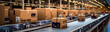 Conveyor belt in a distribution warehouse with row of cardboard box packages at modern industries warehouse.