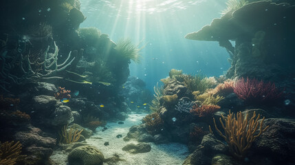 Canvas Print - Wonderful and beautiful underwater world with corals and tropical fish.