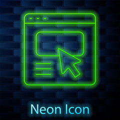 Poster - Glowing neon line UI or UX design icon isolated on brick wall background. Vector