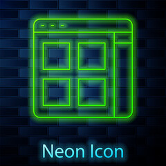 Poster - glowing neon line browser files icon isolated on brick wall background. vector