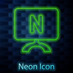 Poster - Glowing neon line Smart Tv icon isolated on brick wall background. Television sign. Vector
