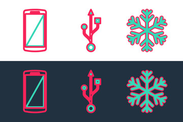 Poster - set line snowflake, smartphone, mobile phone and usb icon. vector