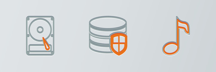 Poster - Set line Music note, tone, Hard disk drive HDD and Database protection icon. Vector