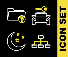 Sticker - Set line Car rental, Folder tree, Moon and stars and Unknown directory icon. Vector