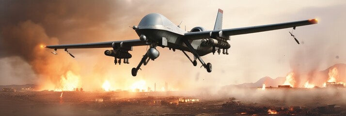 Wall Mural - Generic Unmanned aerial vehicle drone launching missiles to military target at war zone, Tactical war.