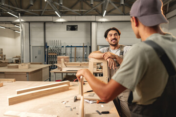 Wall Mural - Two young men carpenters making furniture in warehouse of wood factory