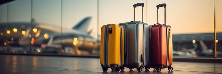 Suitcase at airport departure, Vacations and holiday travel concepts.