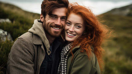 Portrait of a lovely couple looking one to another while dating outside smiling against sunset.