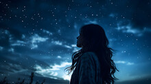 A Captivating Silhouette: A Young Woman With Flowing Hair Stands Against A Starry Expanse, Merging The Grace Of Form With The Mystery Of The Cosmos