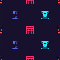 Poster - Set Stage stand, Table lamp, Calculator and Old hourglass on seamless pattern. Vector