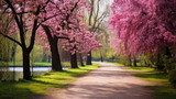 Fototapeta Przestrzenne - Beautiful spring landscape with flowering trees in the park