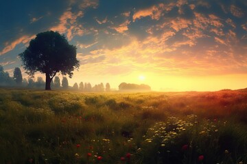 Wall Mural - forest tree nature sunlight bright sky meadow spring sunrise spring sun colorful background vintage 
