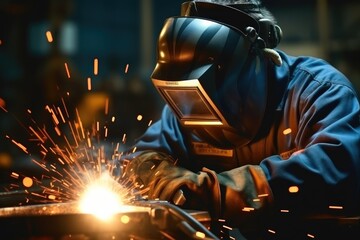 Aufkleber - Man welds at the factory, Welder with sparks.