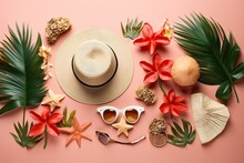 Pink Fashion Palm Monstera Coral H Leaf Beach Sli Pink Fl High Summer Lay Orchid Season Blue Accessory Shell Object Summer Fl Sea Concept Holiday Background Background Shoe Frame Nobody Seashell Lay